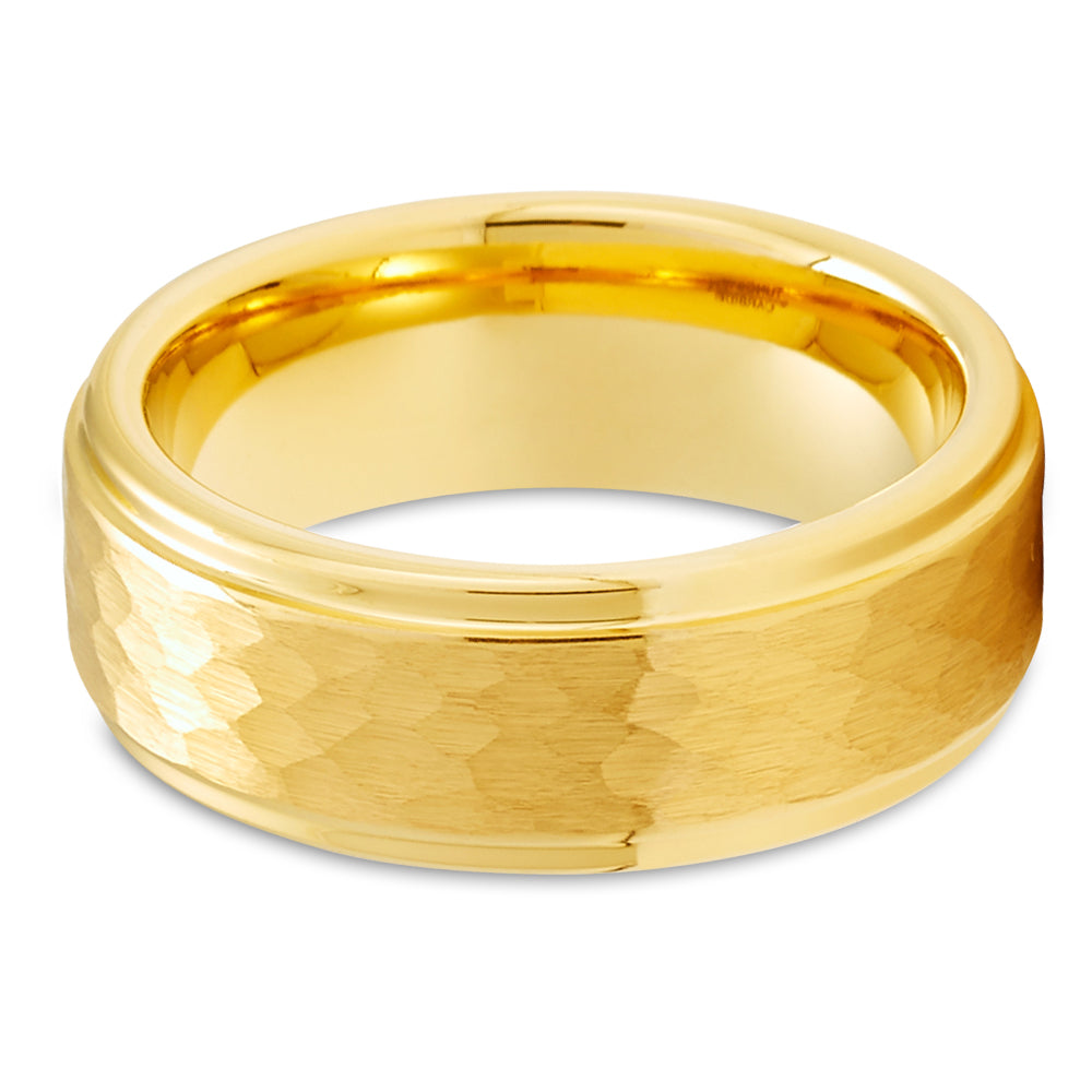 Yellow Gold Wedding Ring - Hammered Ring - Tungsten Wedding Band - Man's Wedding Ring