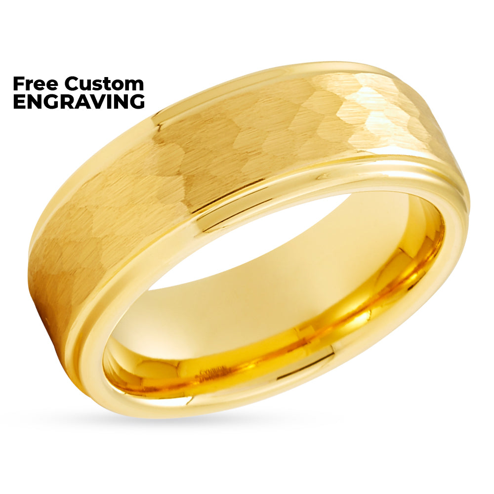 Yellow Gold Wedding Ring - Hammered Ring - Tungsten Wedding Band - Man's Wedding Ring
