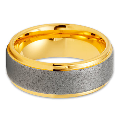 Yellow Gold Tungsten Ring - Sandblast Design - Gray Tungsten Ring  - 8mm - Clean Casting Jewelry