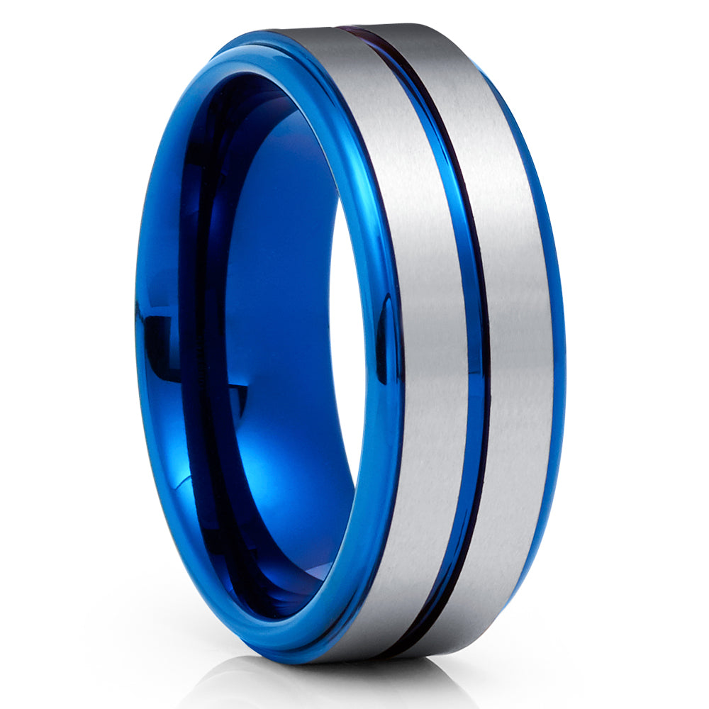 Blue Tungsten Ring - Silver Tungsten Ring - Blue Wedding Band - 8mm - Clean Casting Jewelry