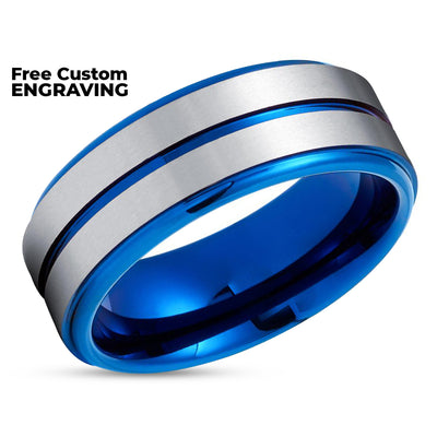 Blue Wedding Ring - Silver Tungsten Ring - Blue Wedding Band - Tungsten Ring