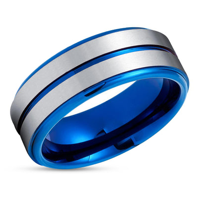 Blue Wedding Ring - Silver Tungsten Ring - Blue Wedding Band - Tungsten Ring