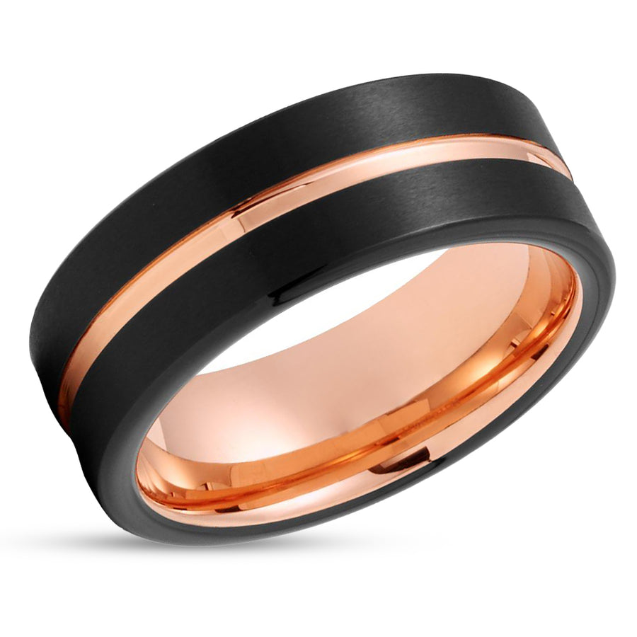Rose Gold Tungsten Wedding Band - Black Tungsten Ring - Men & Women - Black Ring