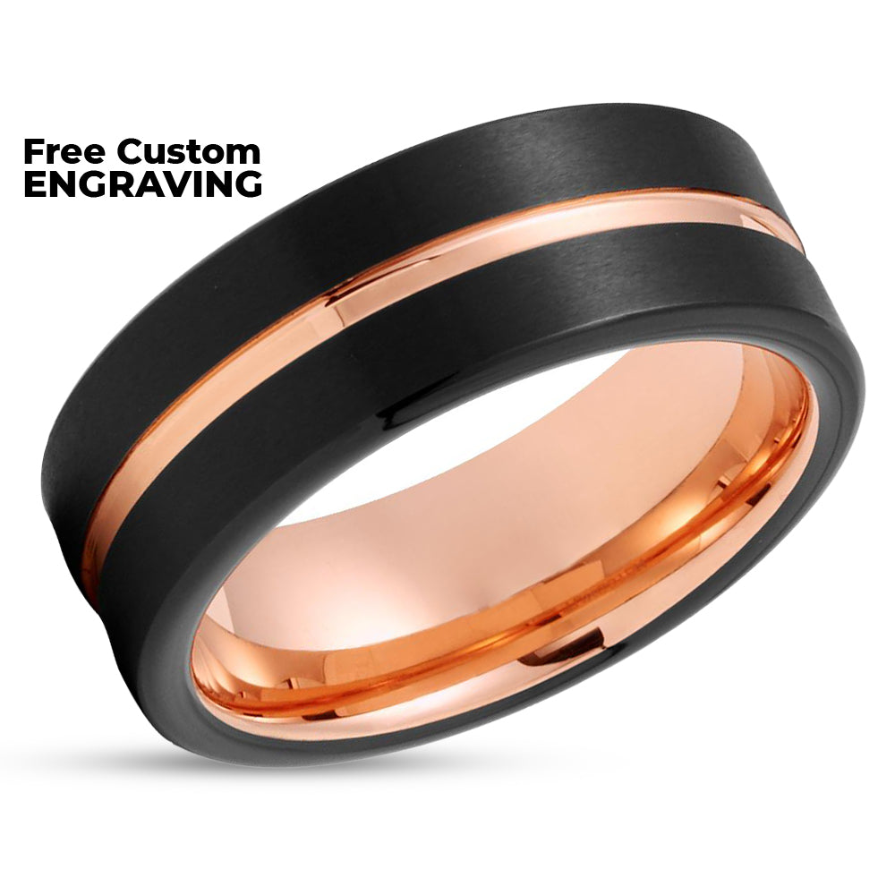 Rose Gold Tungsten Wedding Band - Black Tungsten Ring - Men & Women - Black Ring
