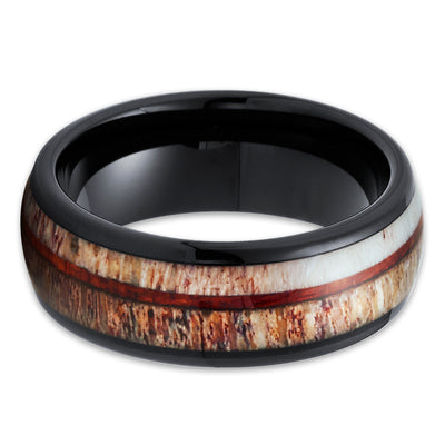 Deer Antler Tungsten Ring - Black Tungsten Ring - Koa Wood Tungsten - Clean Casting Jewelry