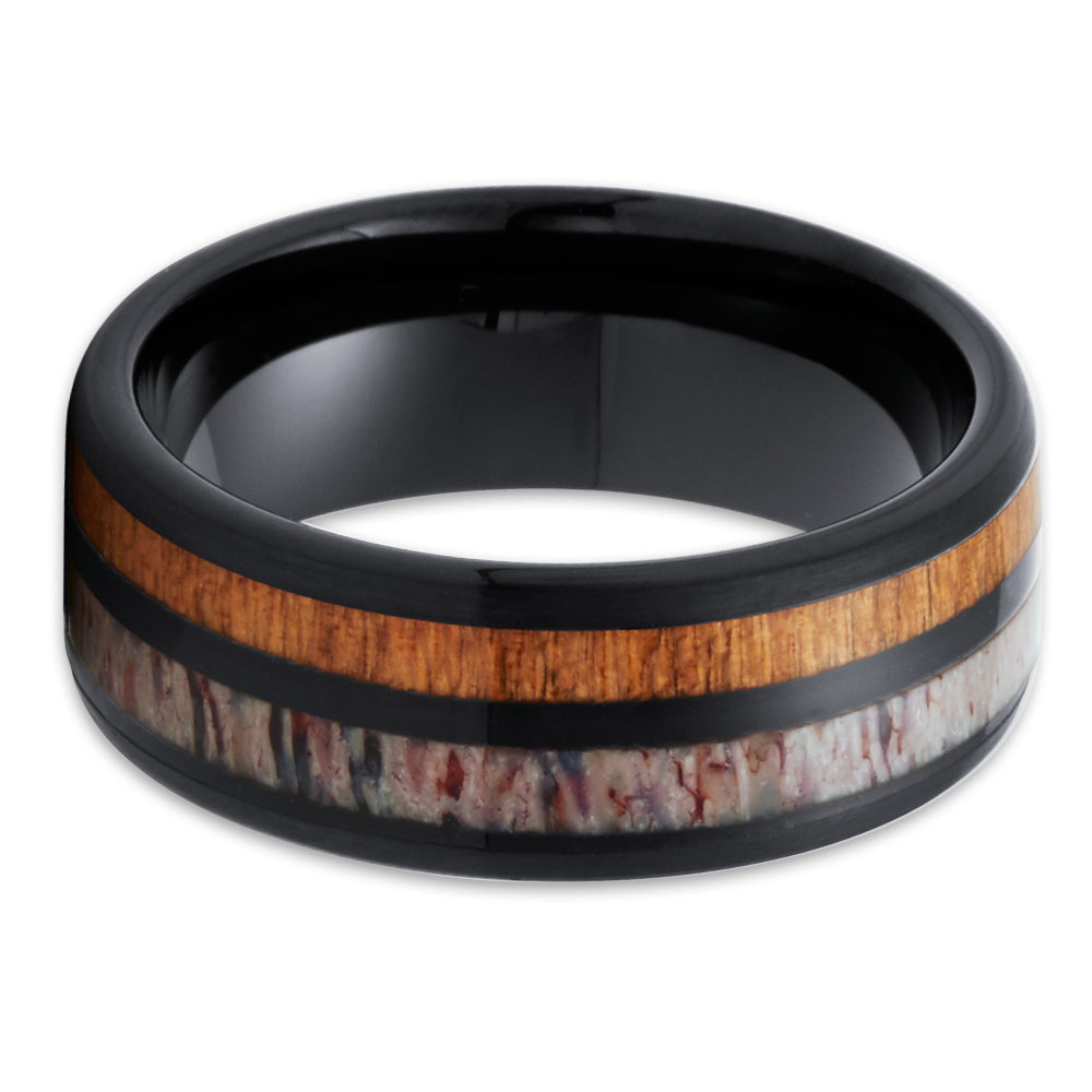 Deer Antler Wedding Band - Black Tungsten Ring - Cherry Wood Ring - 8mm - Clean Casting Jewelry