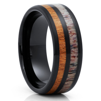 Deer Antler Wedding Band - Black Tungsten Ring - Cherry Wood Ring - 8mm - Clean Casting Jewelry
