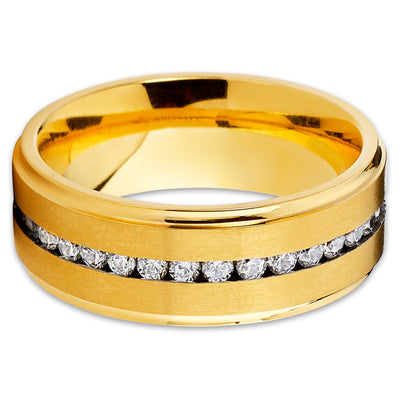Titanium Wedding Band - Yellow Gold Titanium Ring - CZ Titanium Ring - 8mm - Clean Casting Jewelry