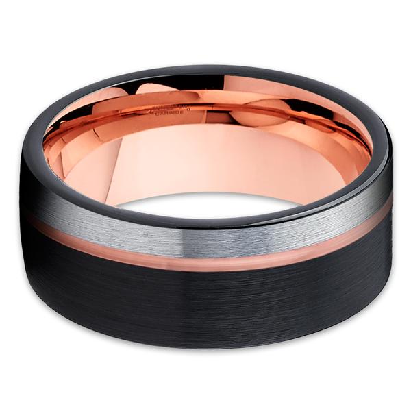 Rose Gold Tungsten Ring - 10mm Ring - Black Tungsten Wedding Band - Brush