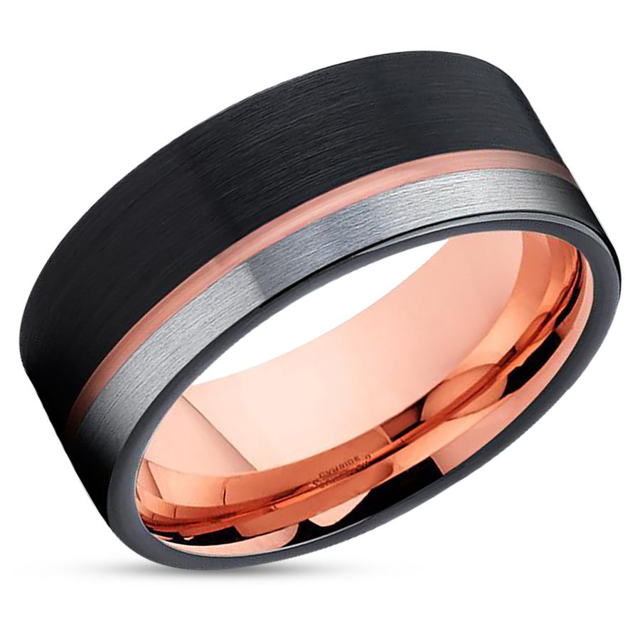 Rose Gold Tungsten Ring - 10mm Ring - Black Tungsten Wedding Band - Brush