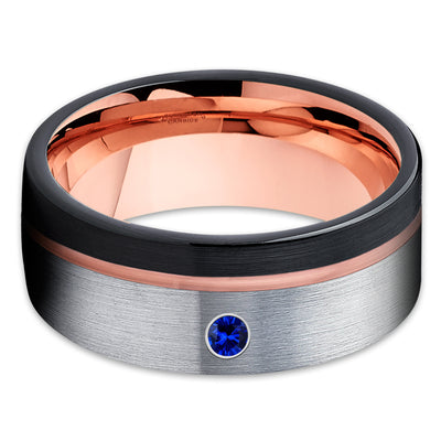 Blue Sapphire Tungsten Ring - Rose Gold Tungsten - Black Tungsten Ring - Brush - Clean Casting Jewelry
