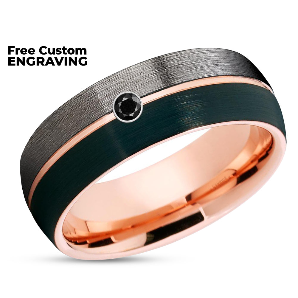 Gunmetal Tungsten Wedding Ring - Black Diamond Ring - Rose Gold Wedding Ring