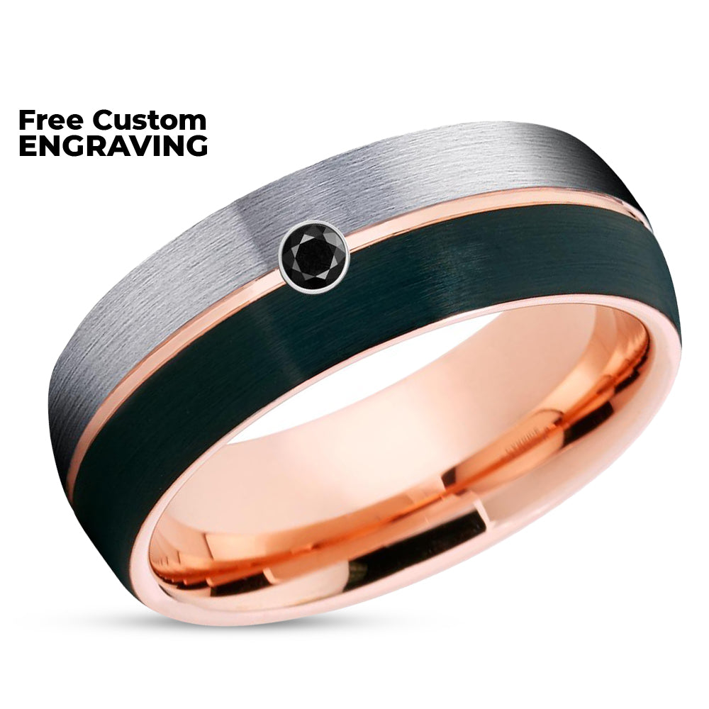 Rose Gold Wedding Ring - Black Tungsten Ring - Black Diamond Band - Rose Gold