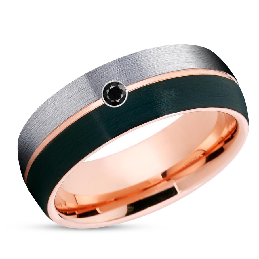 Rose Gold Wedding Ring - Black Tungsten Ring - Black Diamond Band - Rose Gold
