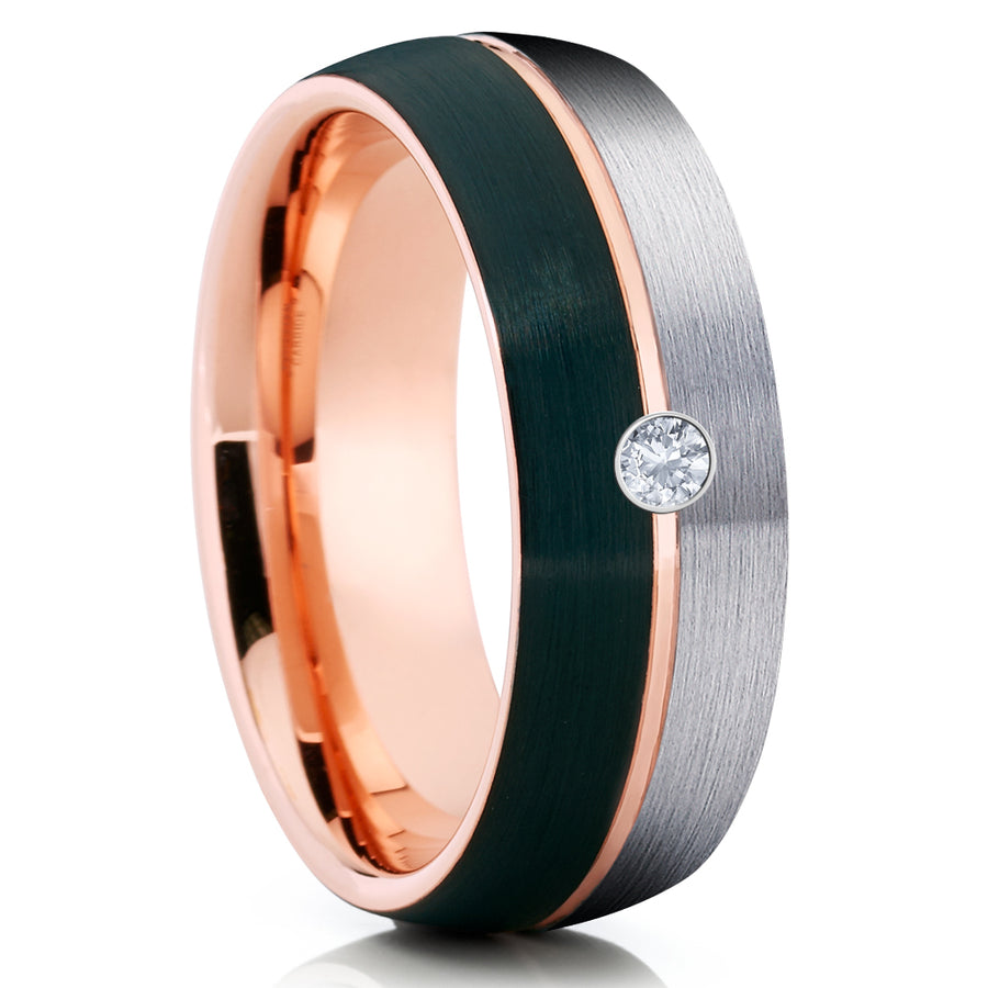 Rose Gold Tungsten Ring - Gray Tungsten Ring - White Diamond Ring - Black - Clean Casting Jewelry 