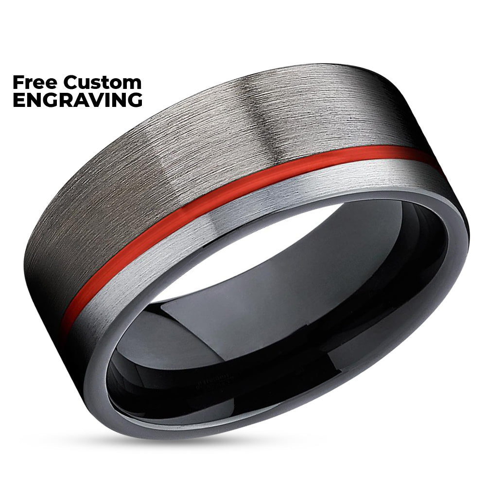 Gunmetal Wedding Ring - Red Tungsten Ring - Black Wedding Ring - Red Tungsten Band