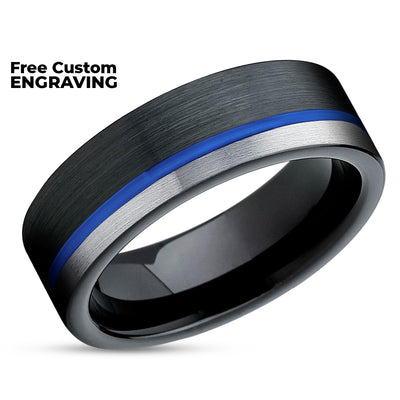 Black Wedding Band - Blue Tungsten Ring - Silver Wedding Ring - Black Wedding Band