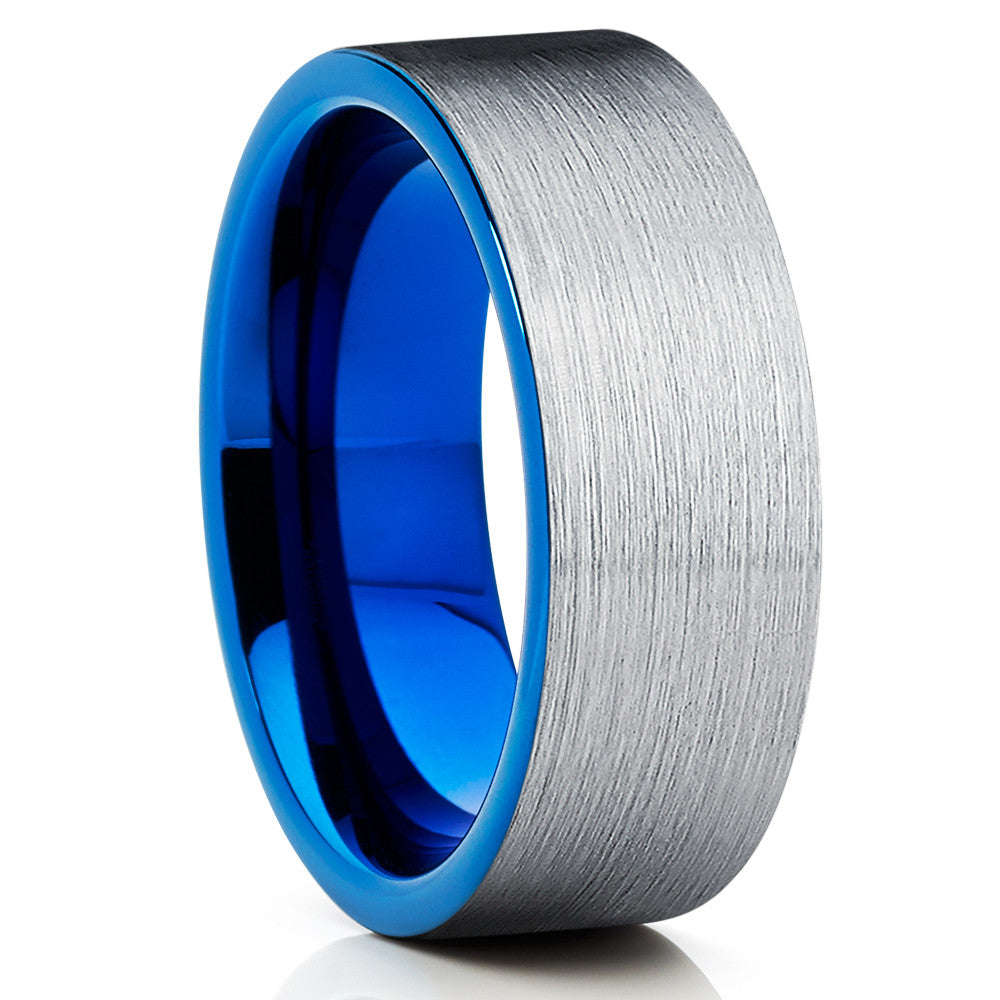 Blue Tungsten Wedding Band - Blue Tungsten Ring - Silver Brush - Clean Casting Jewelry