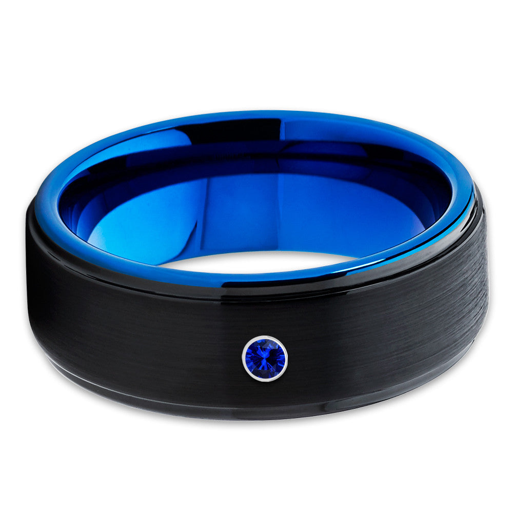 8mm - Blue Tungsten Ring - Black Wedding Band - Blue Sapphire Tungsten - Clean Casting Jewelry