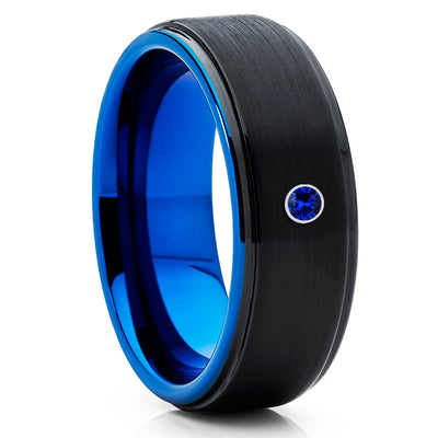 8mm - Blue Tungsten Ring - Black Wedding Band - Blue Sapphire Tungsten - Clean Casting Jewelry