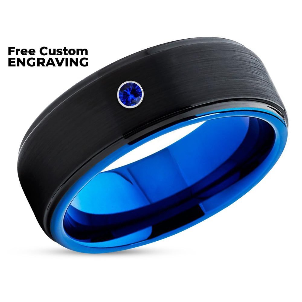 Man's Wedding Ring - Black Tungsten Wedding Ring - Blue Sapphire Ring - Blue Ring - Black Ring