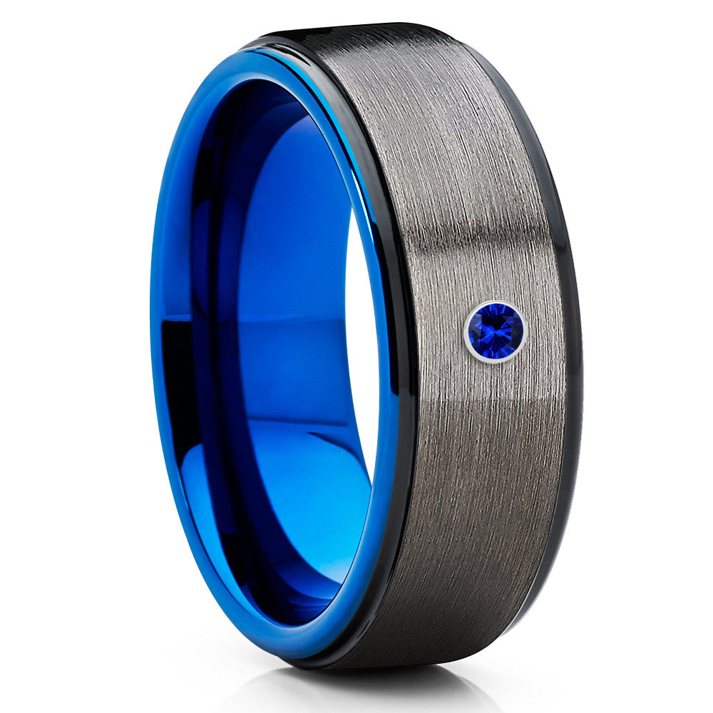 Blue Tungsten Wedding Band - Gray Tungsten Ring - Blue Sapphire - Brush - Clean Casting Jewelry