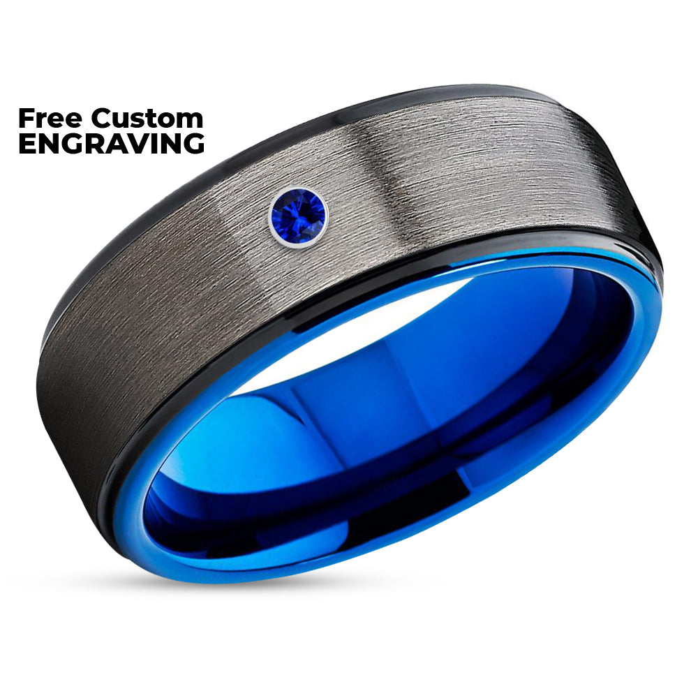 Blue Sapphire Ring - Gunmetal Wedding Band - Gunmetal Tungsten Ring - Wedding Band