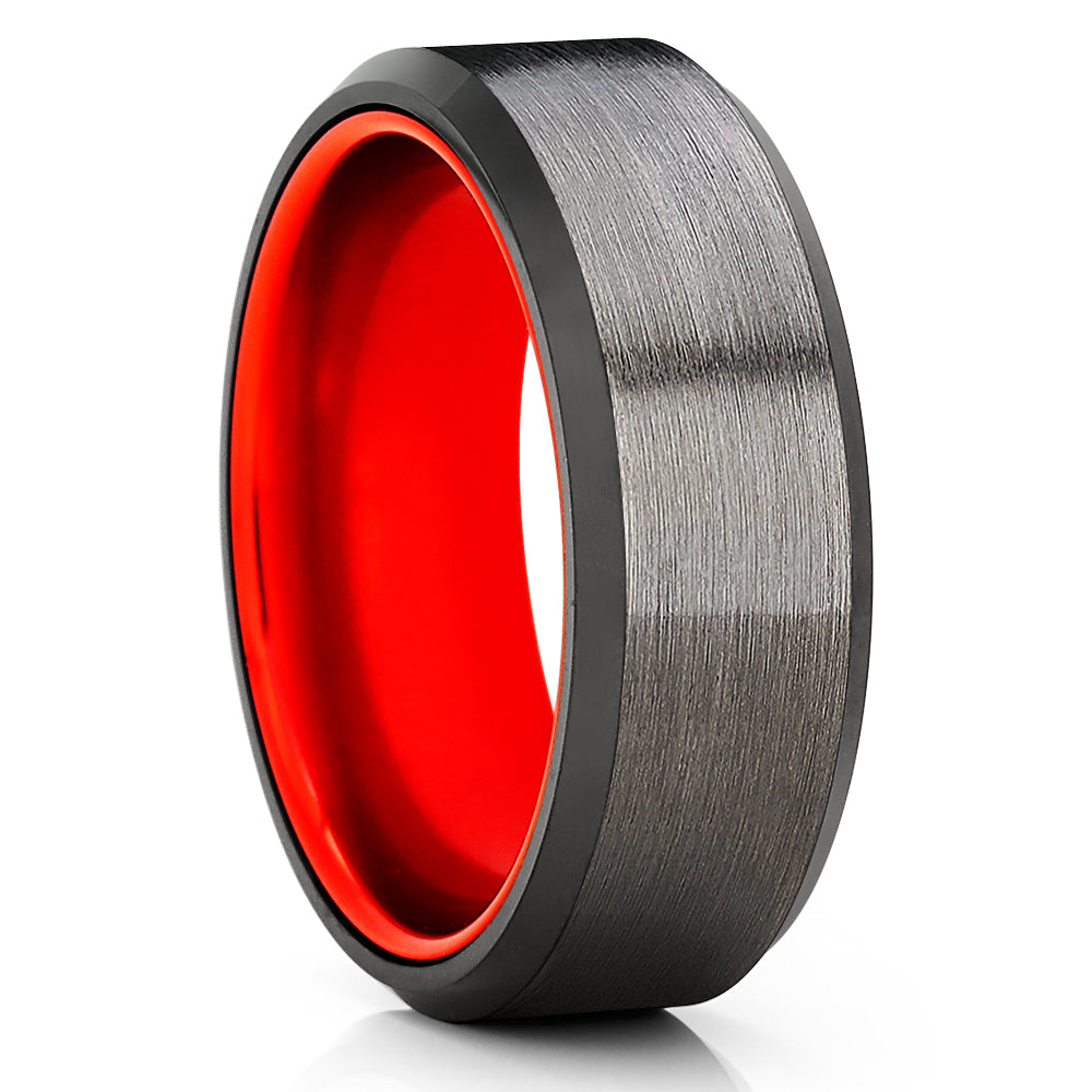 Gunmetal Wedding Ring - Red Tungsten Wedding Ring - 8mm Wedding Band - Black Tungsten Ring