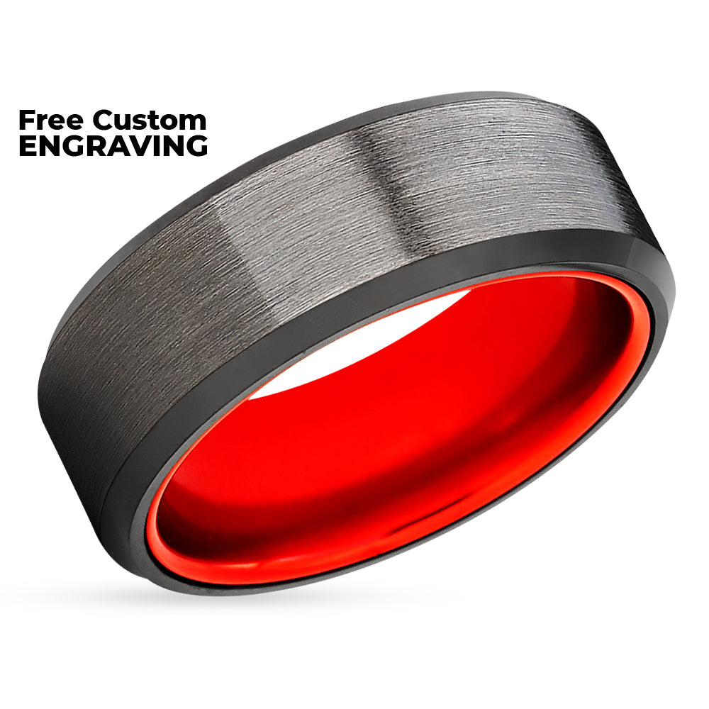 Gunmetal Wedding Ring - Red Tungsten Wedding Ring - 8mm Wedding Band - Black Tungsten Ring
