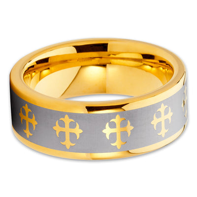 Yellow Gold Tungsten - Cross Ring - Tungsten Wedding Band - Religious Ring - Clean Casting Jewelry
