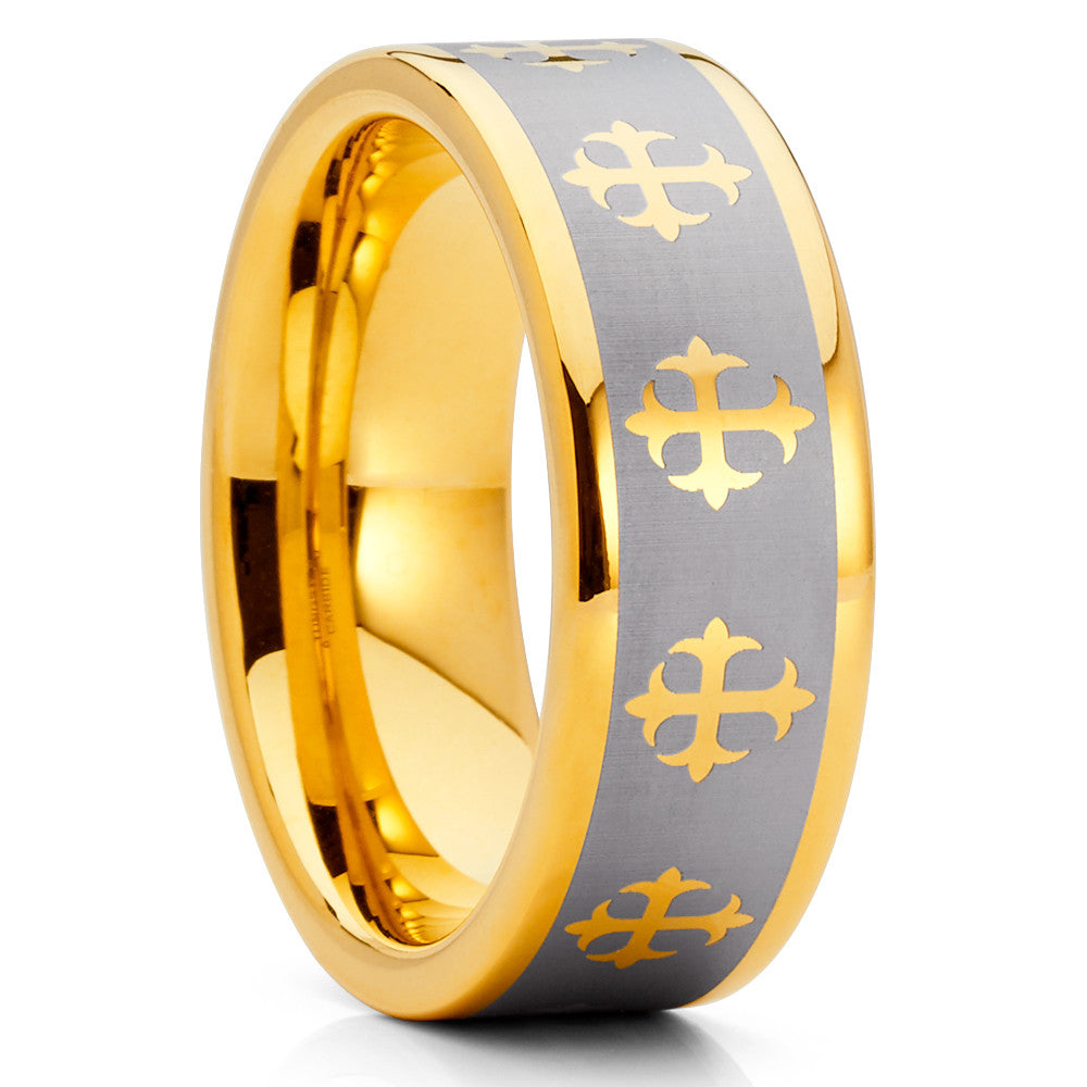 Yellow Gold Tungsten - Cross Ring - Tungsten Wedding Band - Religious Ring - Clean Casting Jewelry