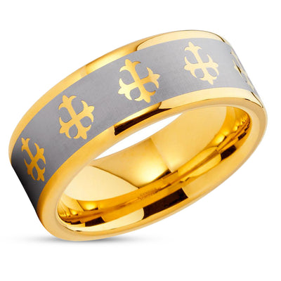 Yellow Gold Tungsten - Cross Ring - Tungsten Wedding Band - Religious Ring