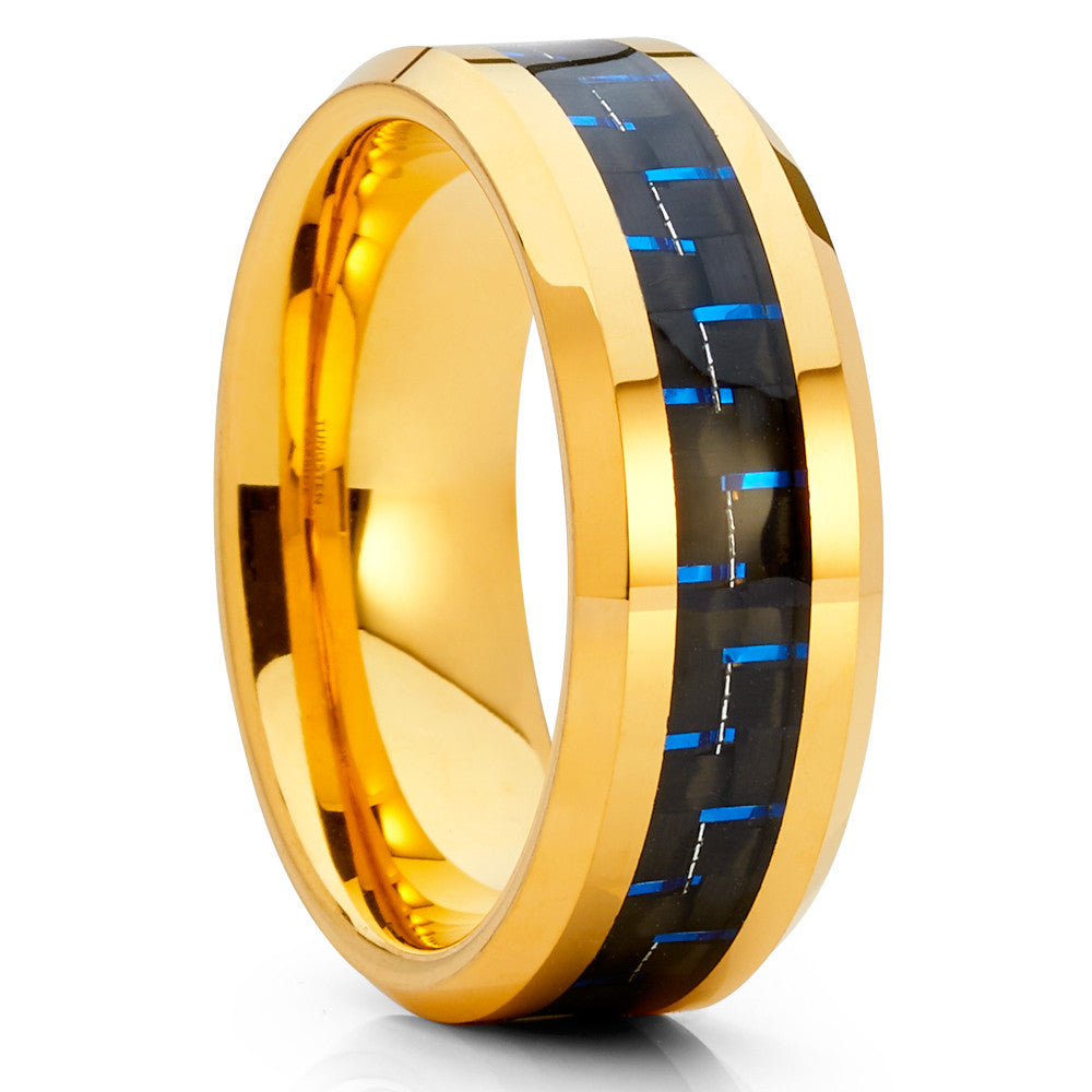 Yellow Gold Tungsten Ring - Carbon Fiber Ring - Tungsten Wedding Band - 8mm - Clean Casting Jewelry