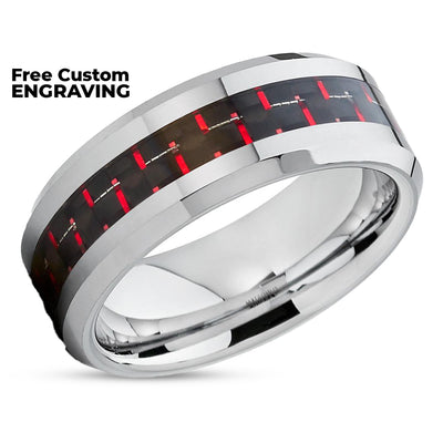 Red Wedding Ring - Carbon Fiber Wedding Band - Tungsten Wedding Ring - Silver Ring