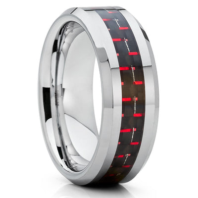 Tungsten Wedding Band - Carbon Fiber Ring - Red Wedding Band - 8mm - Clean Casting Jewelry