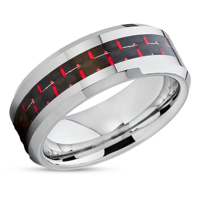 Red Wedding Ring - Carbon Fiber Wedding Band - Tungsten Wedding Ring - Silver Ring