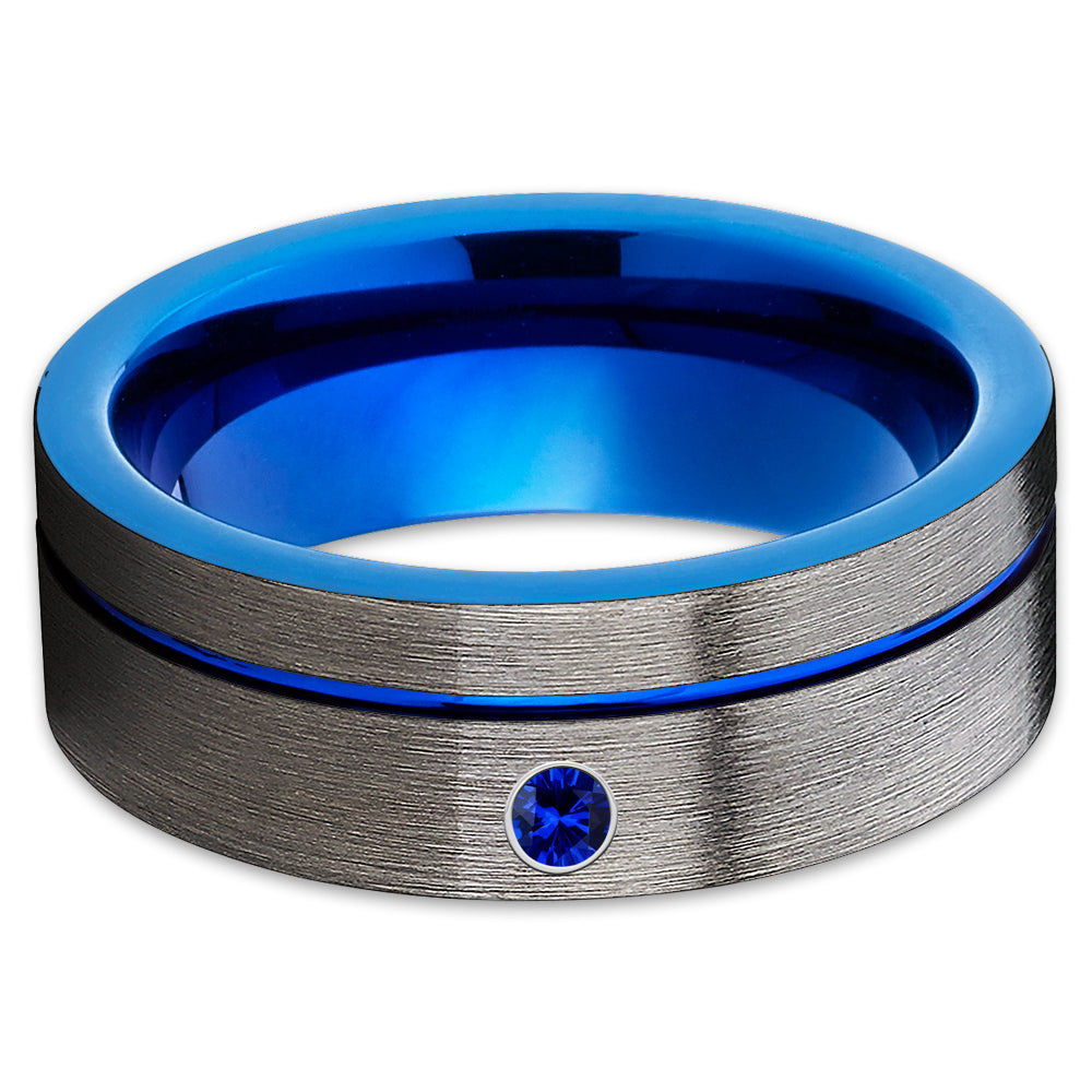 Blue Sapphire Tungsten Ring - Blue Tungsten Ring - Gunmetal Tungsten - Gray - Clean Casting Jewelry