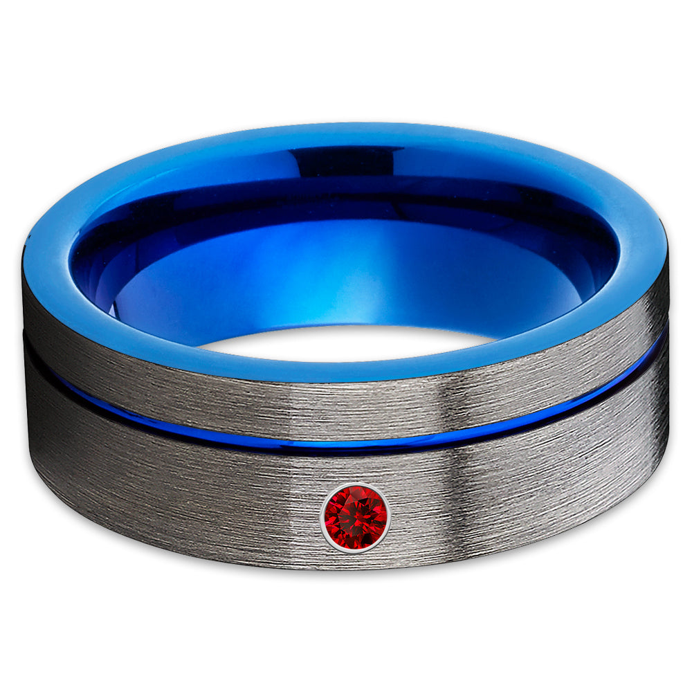 Ruby Tungsten Wedding Band - Blue Tungsten Ring - Gunmetal Tungsten - Brush - Clean Casting Jewelry