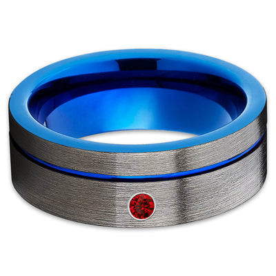 Ruby Tungsten Wedding Band - Blue Tungsten Ring - Gunmetal Tungsten - Brush - Clean Casting Jewelry