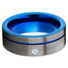 Blue Tungsten Wedding Band - White Diamond Ring - Gunmetal Ring - Brush - Clean Casting Jewelry