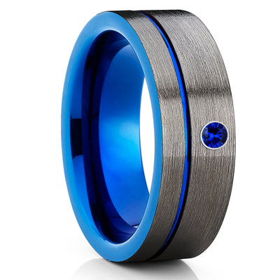 Blue Sapphire Tungsten Ring - Blue Tungsten Ring - Gunmetal Tungsten - Gray - Clean Casting Jewelry