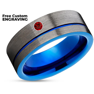 Ruby Tungsten Wedding Band - Blue Tungsten Ring - Gunmetal Tungsten - Blue Ring