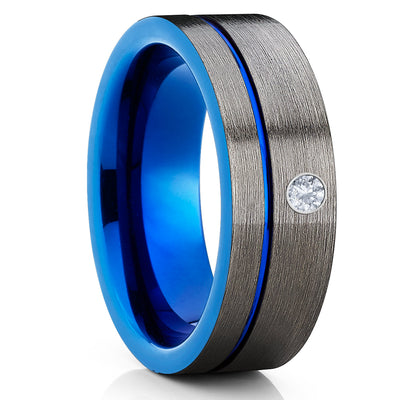 Blue Tungsten Wedding Band - White Diamond Ring - Gunmetal Ring - Brush - Clean Casting Jewelry