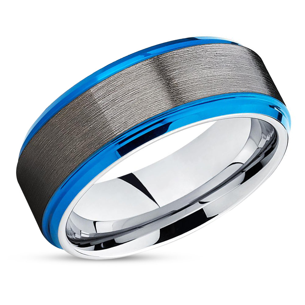 Blue Wedding Band - Gunmetal Wedding Ring - Silver Tungsten Ring - Men & Women