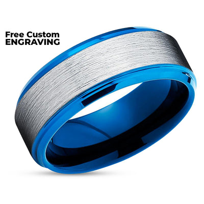 Blue Tungsten Ring - Blue Wedding Ring - Silver Tungsten Ring - Blue Tungsten Band
