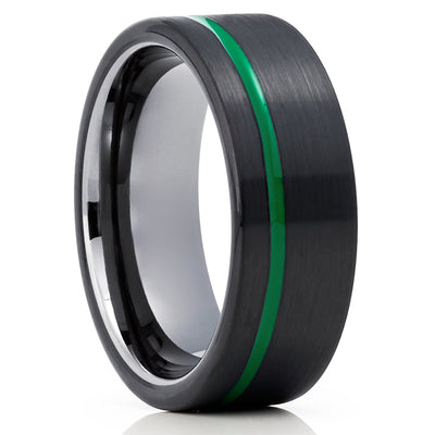 Gunmetal Wedding Ring - Green Tungsten Ring - Black Wedding Band - Green Ring