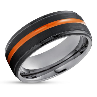 Orange Wedding Ring - Black Tungsten Ring - Gunmetal Ring - Orange Wedding Ring - Brush