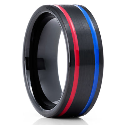 Red Tungsten Wedding Band - Red & Blue - Blue Tungsten Ring - Men & Women - Black Ring