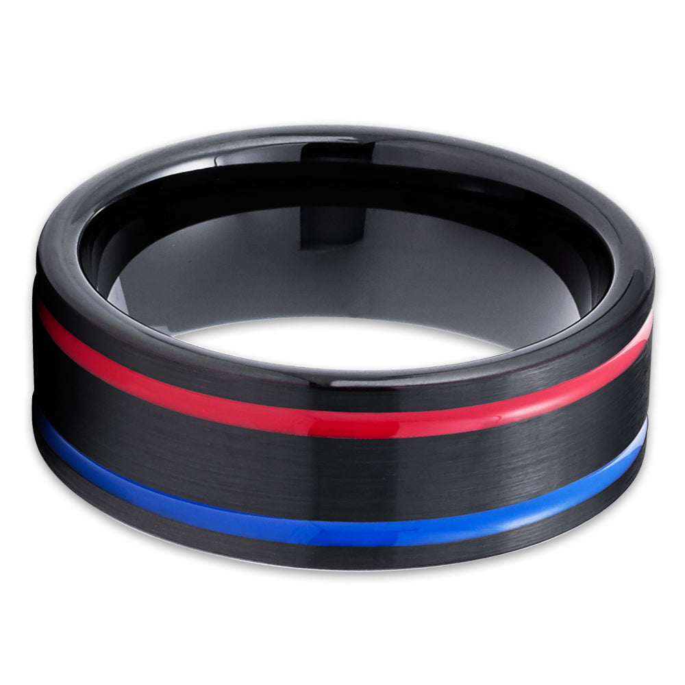 Red Tungsten Wedding Band - Red & Blue - Blue Tungsten Ring - Men & Women - Black Ring