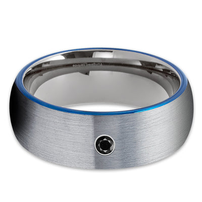 Gray Tungsten Wedding Band - Black Diamond Ring - Blue Tungsten Ring - Brush - Clean Casting Jewelry